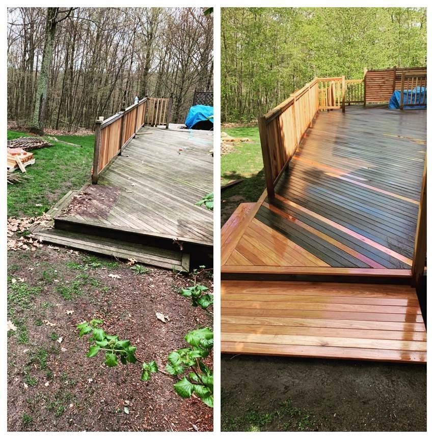 Before-and-after view of a repaired wooden deck with new railing and stairs in a wooded backyard