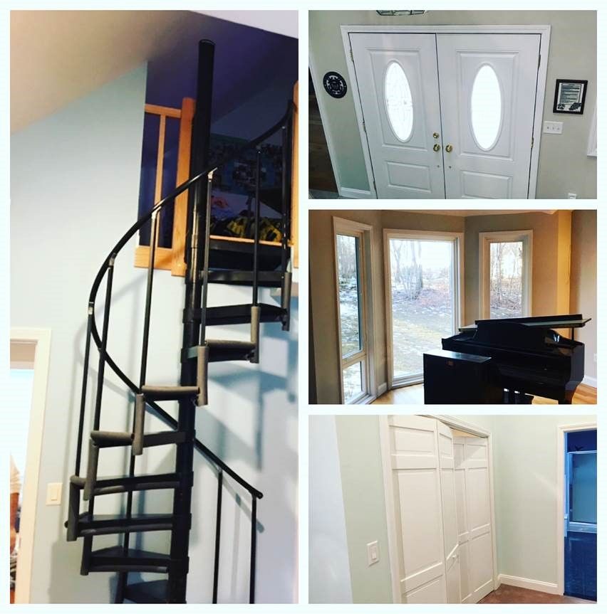 Collage of home interior accessibility features: spiral staircase, wide front door, bay window, and closet doors