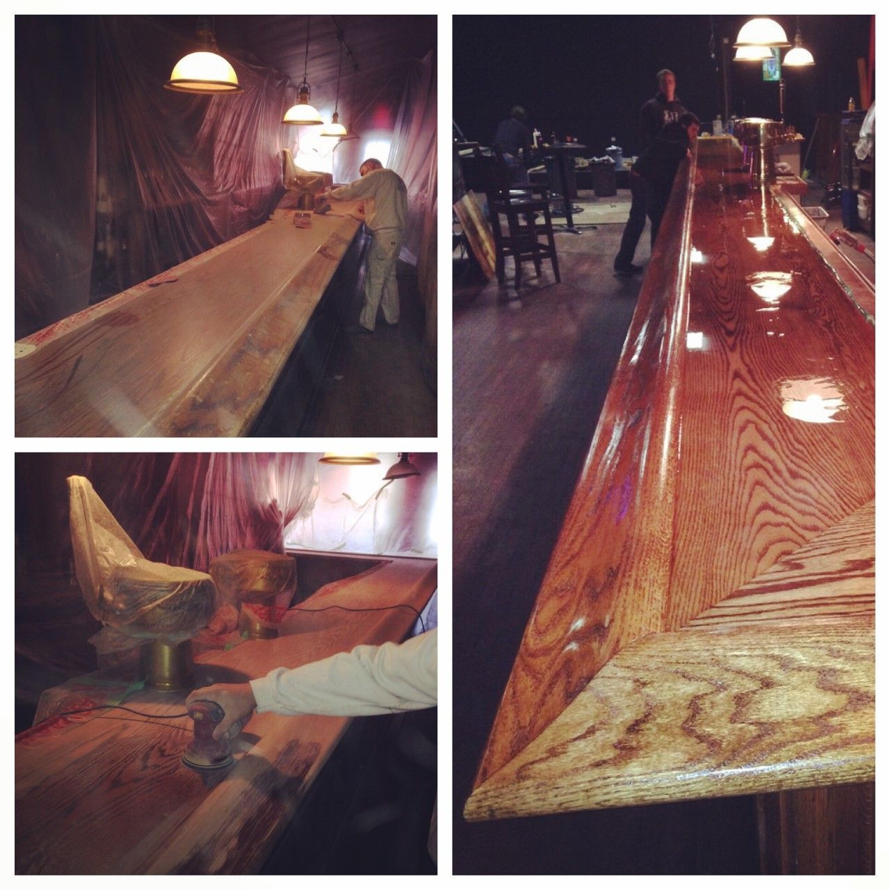 Three views of a long polished wooden bar table in a dim restaurant, with chairs and warm pendant lights