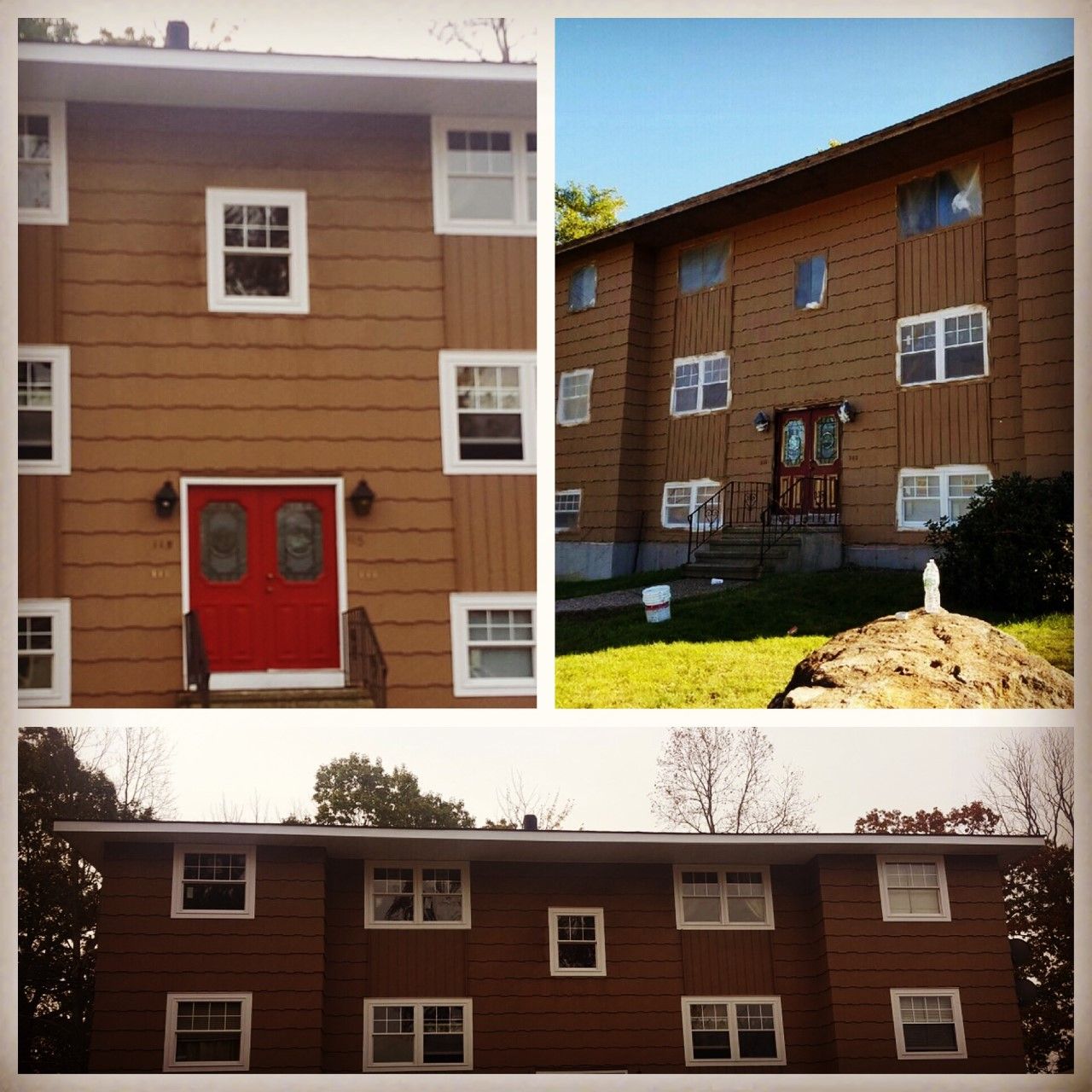 Three views of a brown apartment building with white-trimmed windows and a red front door.