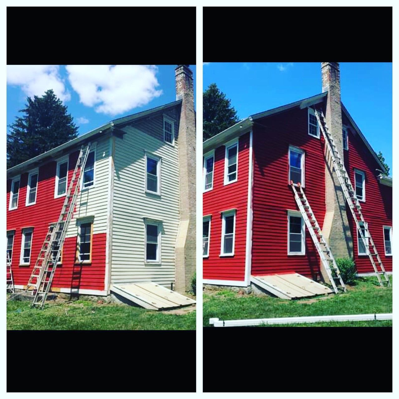 Side-by-side view of an apartment building with ladders and scaffolding during exterior repairs