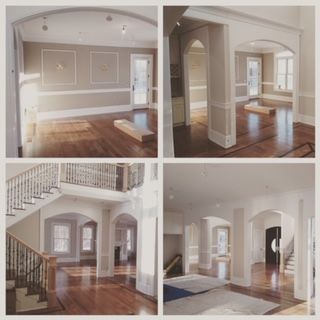 Collage of a bright, empty home interior with hardwood floors, arches, staircase, and living rooms