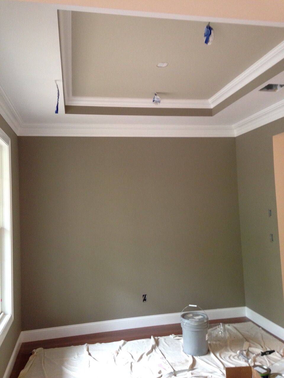 Empty room with tray ceiling, white trim, and painter’s drop cloth on the floor.