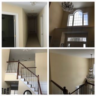 Collage of a two-story foyer with staircase, hallway, and tall arched window.