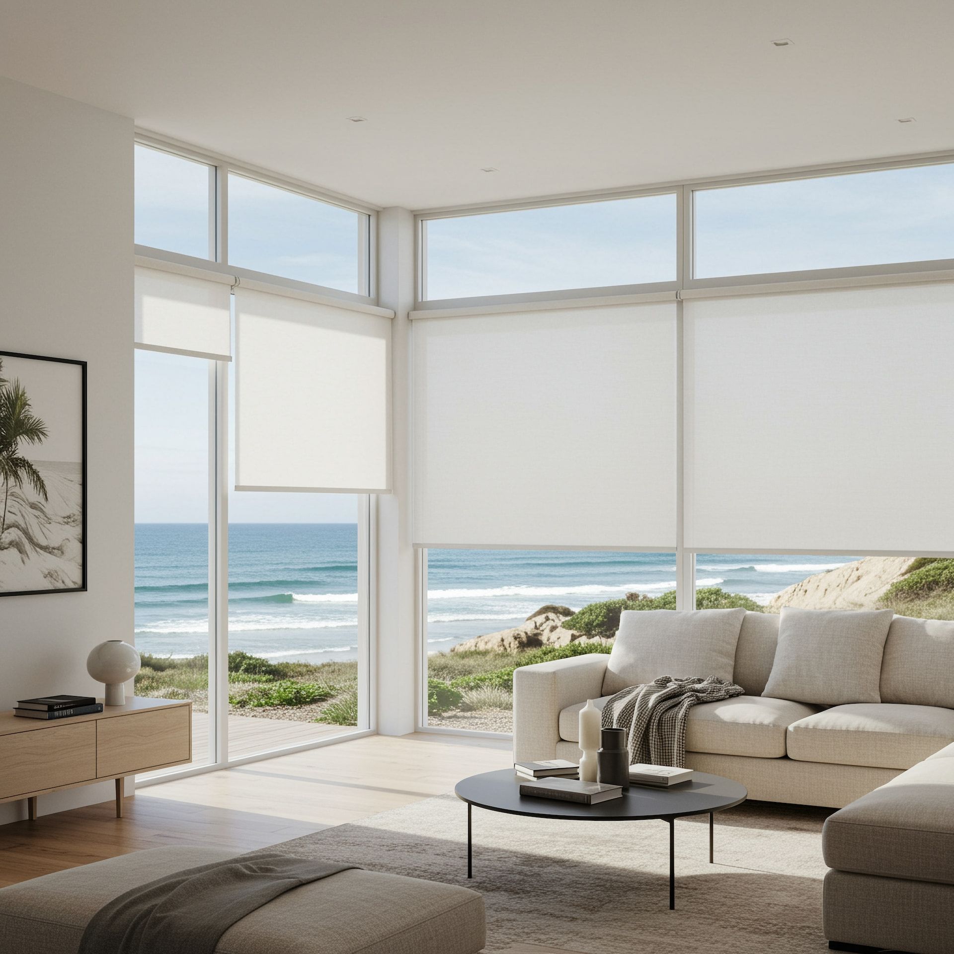White roller blinds in a bright coastal living room with floor-to-ceiling ocean views.