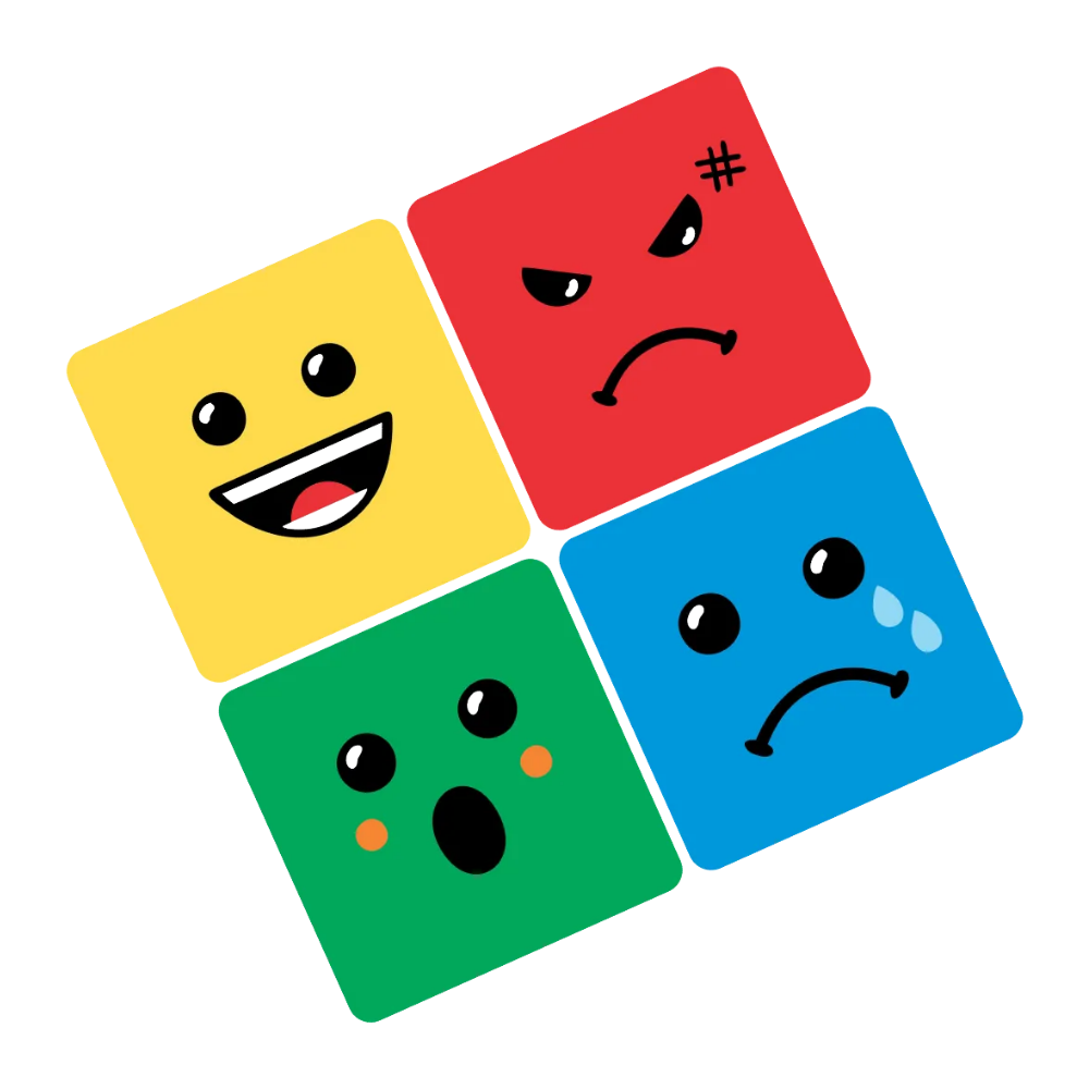 Four squares in a diamond grid: yellow (happy), red (angry), green (surprised), and blue (sad/crying).