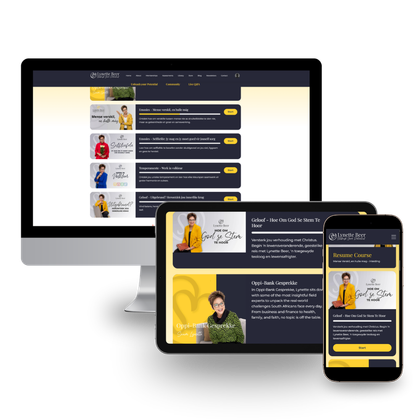 Responsive website display on a monitor, tablet, and smartphone showing branding with professional portraits and yellow accents.