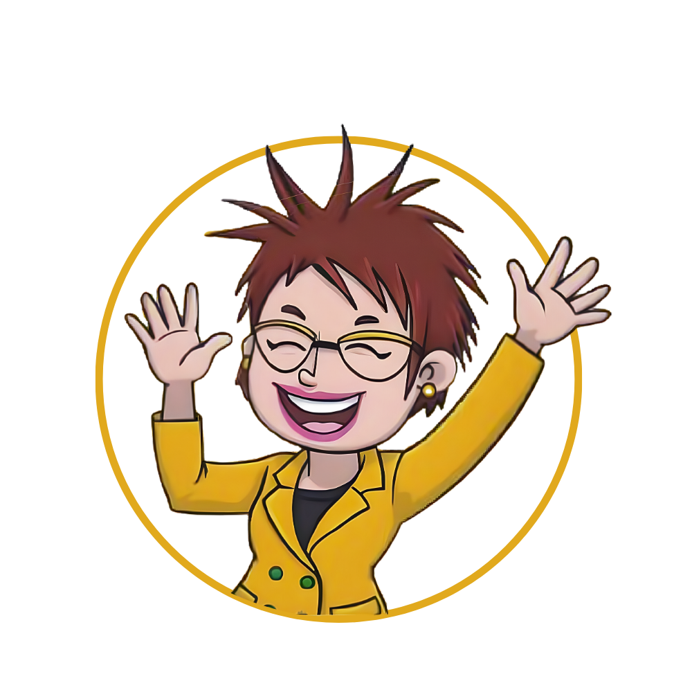 Smiling cartoon character with spiky hair, glasses, and yellow jacket, hands raised inside a gold circle