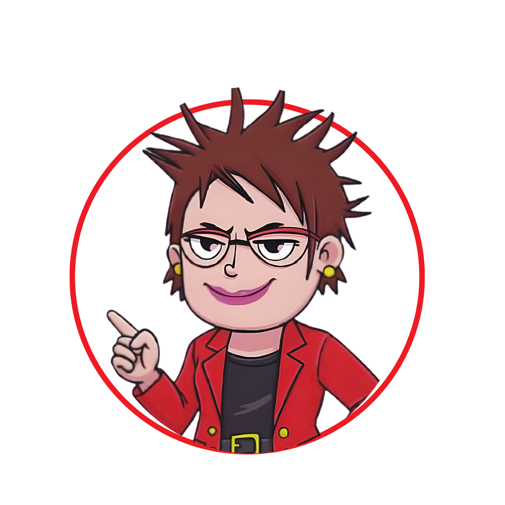 Cartoon avatar with spiky brown hair, glasses, red jacket, and a pointing finger inside a red circle