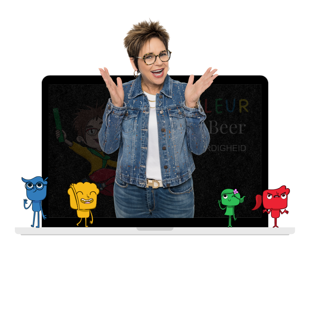 Smiling person in denim jacket in front of laptop, with colorful cartoon characters along the bottom.