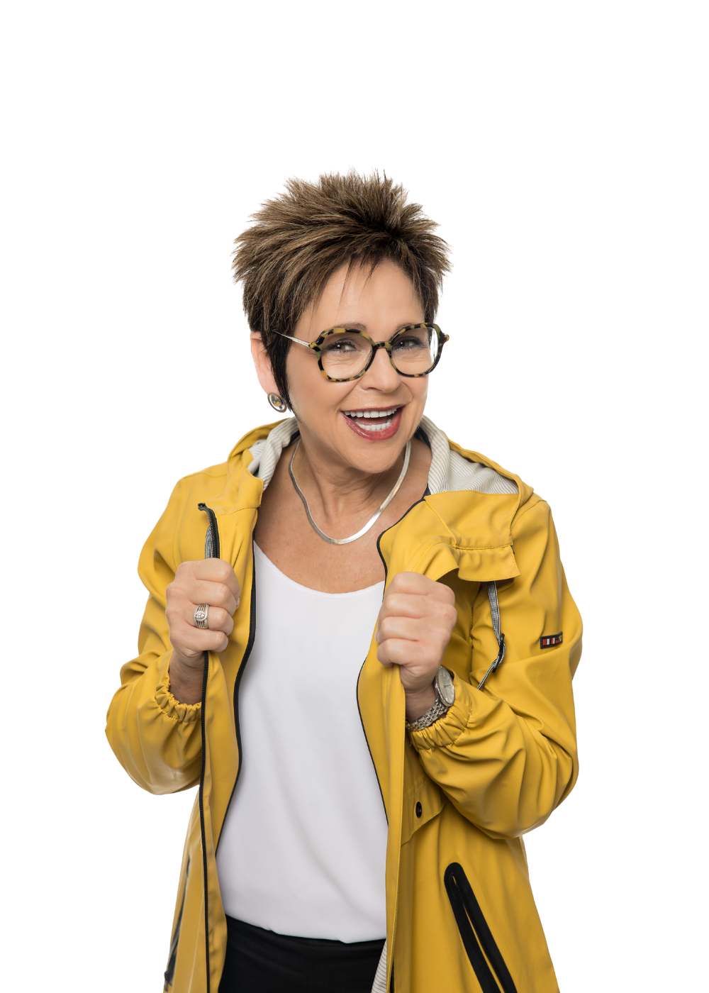 Smiling person in yellow jacket giving thumbs up on a white background