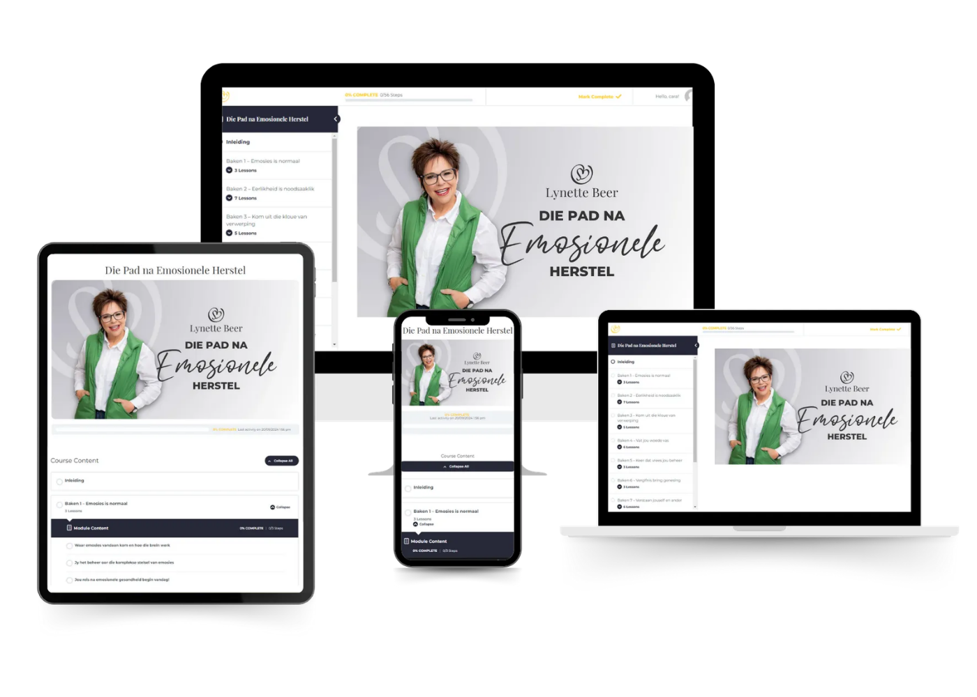 A desktop, laptop, tablet, and phone displaying a course platform featuring a woman in a green vest.