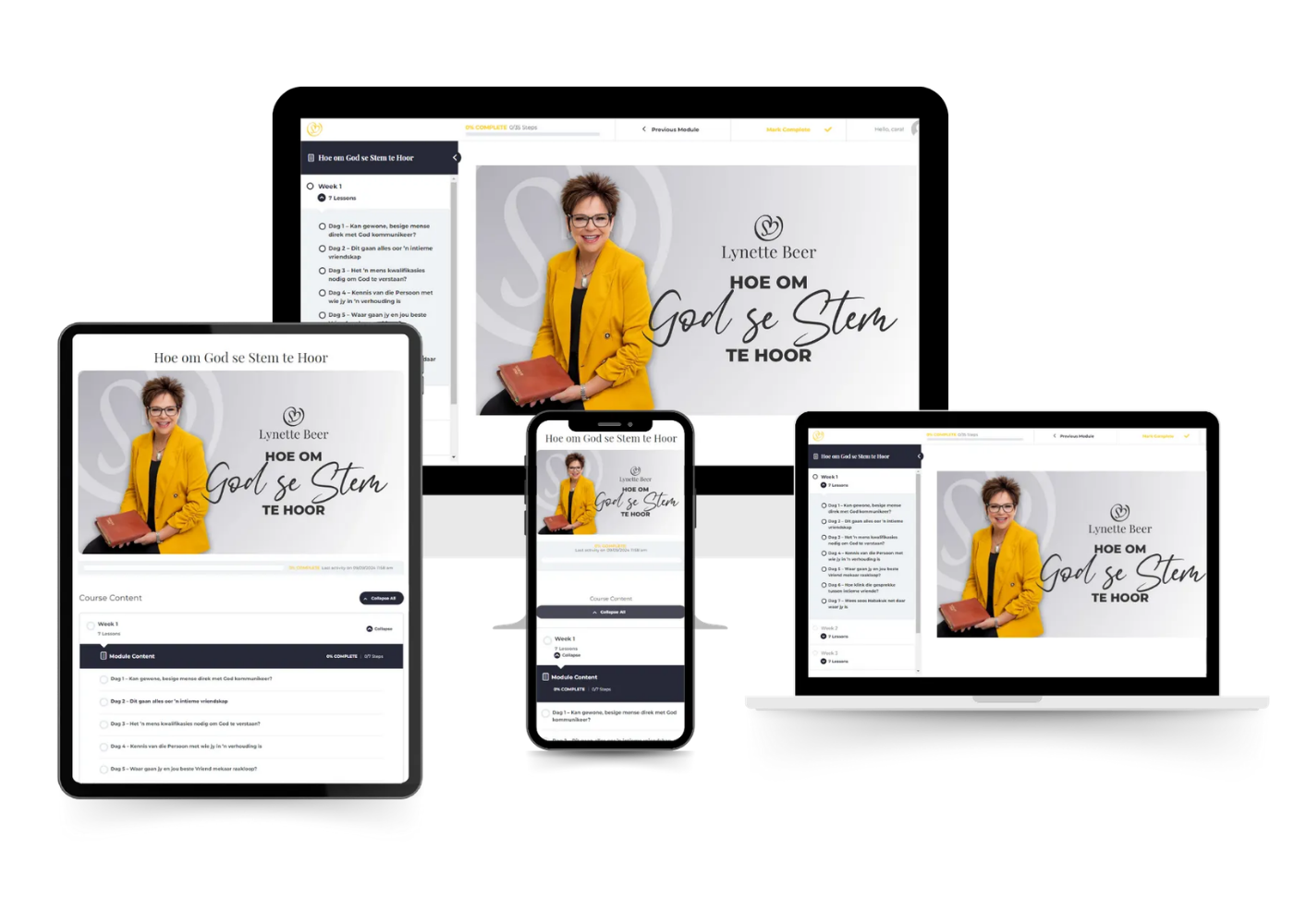 Responsive displays of a website featuring a yellow-jacketed individual and the text