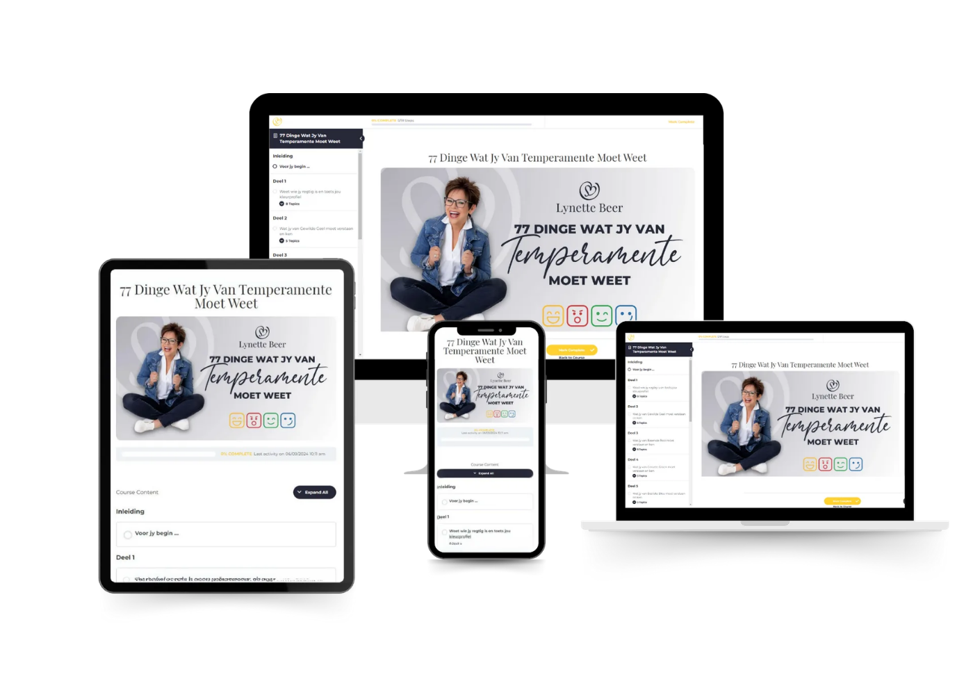 Responsive web design mockups on a desktop, tablet, laptop, and phone showing a landing page with a woman sitting.