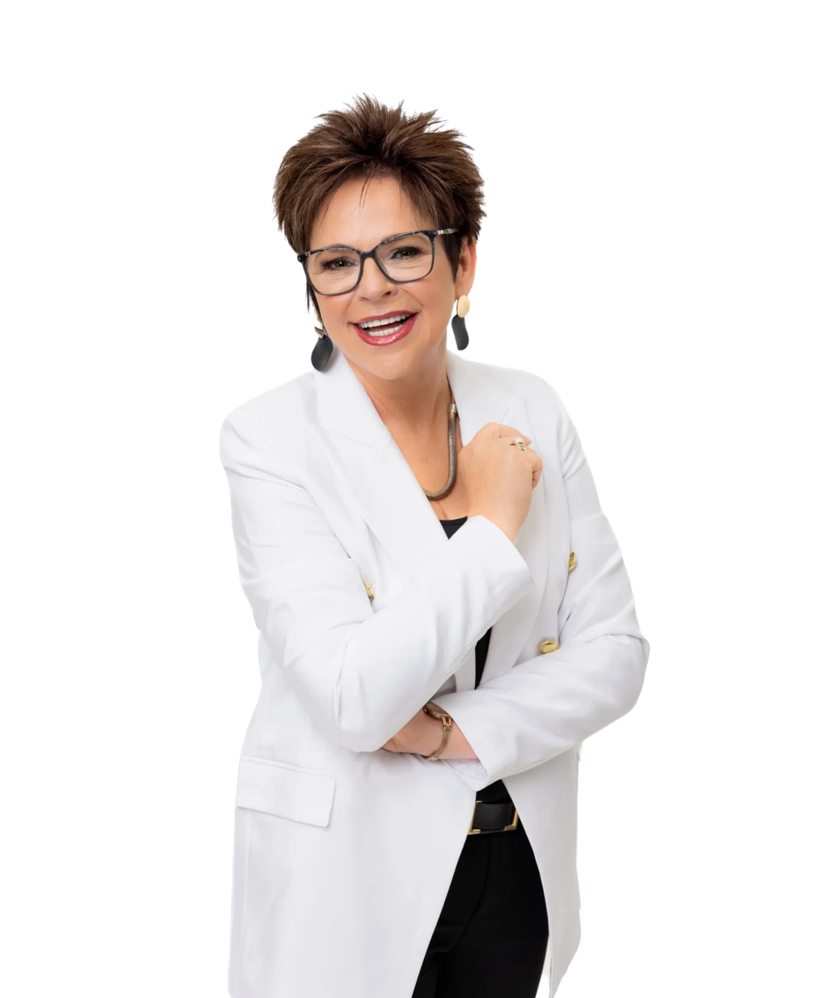A person smiling while wearing a black and gold striped jacket with large buttons, isolated on a white background.