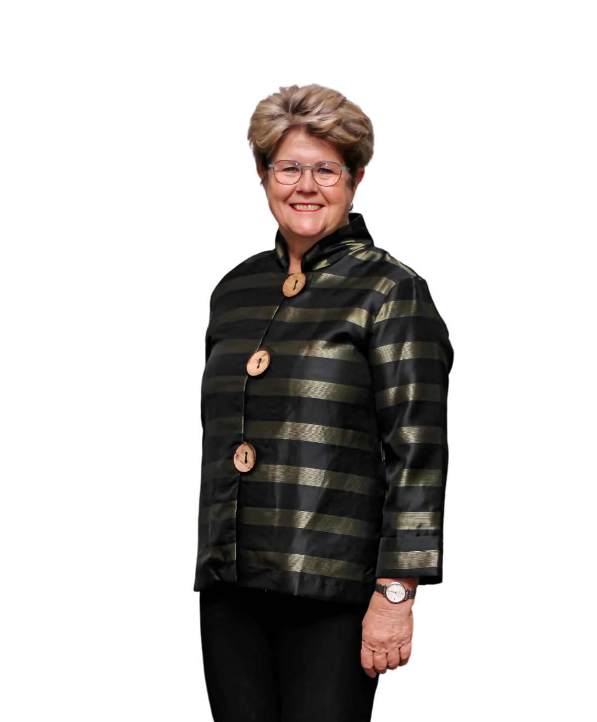 A person smiling while wearing a black and gold striped jacket with large buttons, isolated on a white background.