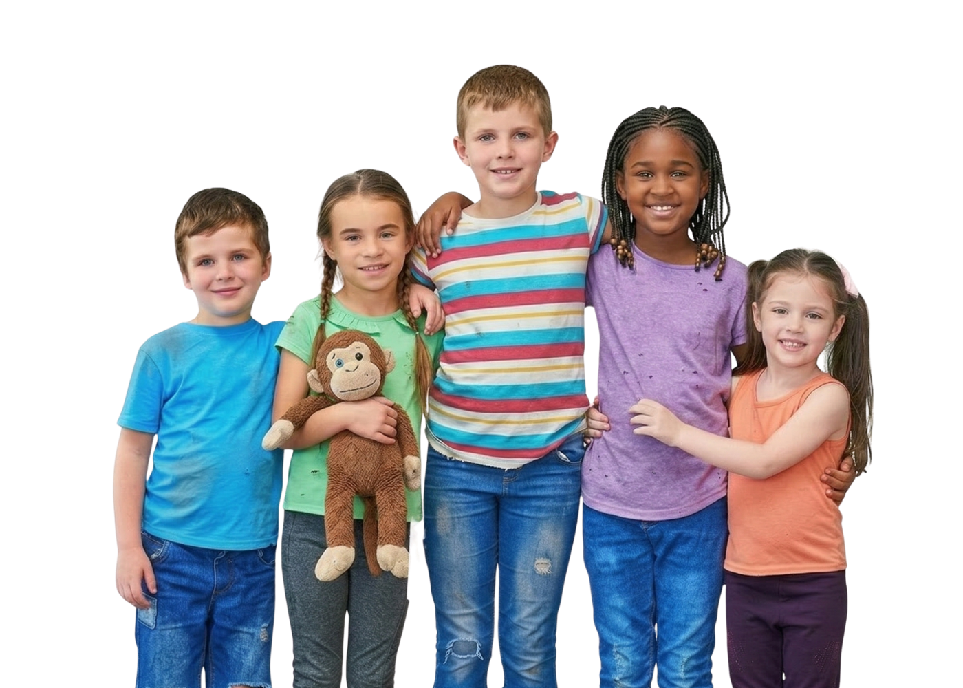 A group of five children standing side-by-side against a white background, smiling and holding a stuffed toy monkey.