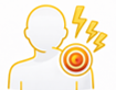 Outline of a person with a red pain target on the shoulder and yellow lightning bolts