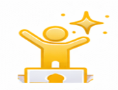 Yellow icon of a person with raised arms standing behind a podium, with sparkles above