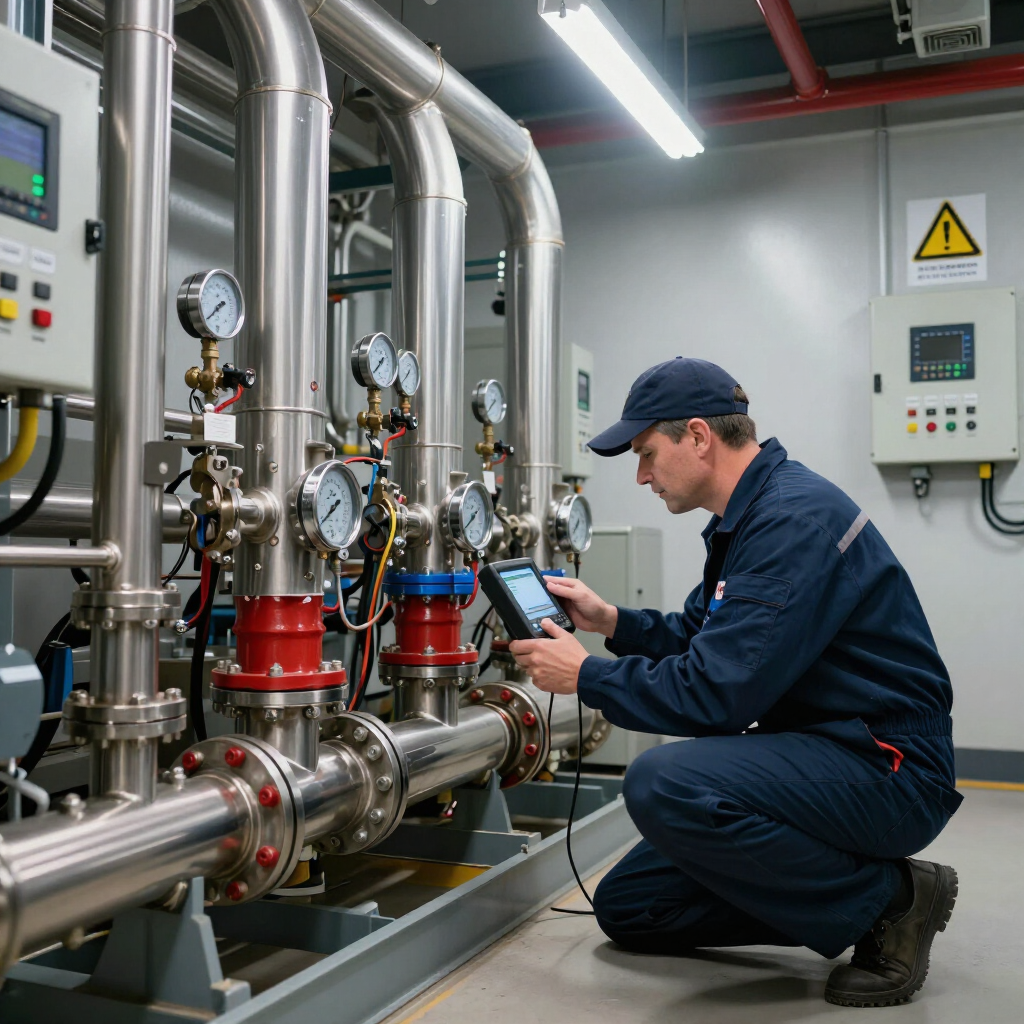 Tecnico che ispeziona tubi e manometri industriali in un impianto, inginocchiato accanto alle apparecchiature di controllo.