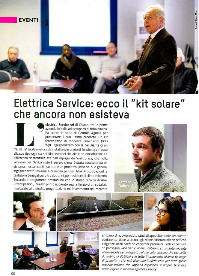 Articolo di un quotidiano italiano con foto di un incontro riguardante un servizio di assistenza per kit solari.