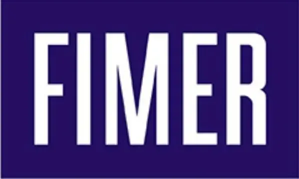 Scritta bianca “FIMER” su sfondo viola.