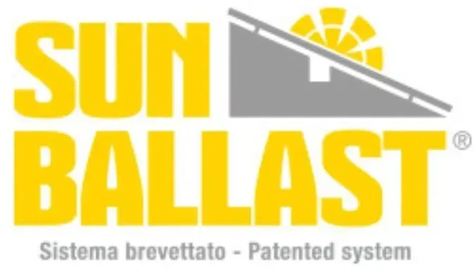 Logo SUN BALLAST in giallo con tetto grigio e grafica del sole; “Sistema brevettato - Patented system” sotto