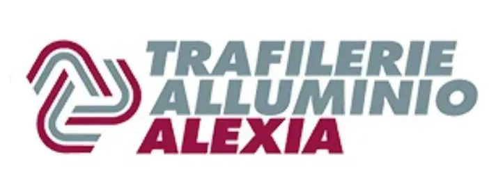Logo per Trafilerie Alluminio Alexia in grigio, verde acqua e rosso con un marchio triangolare stilizzato.