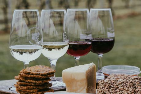 A table topped with glasses of wine , cheese and crackers.