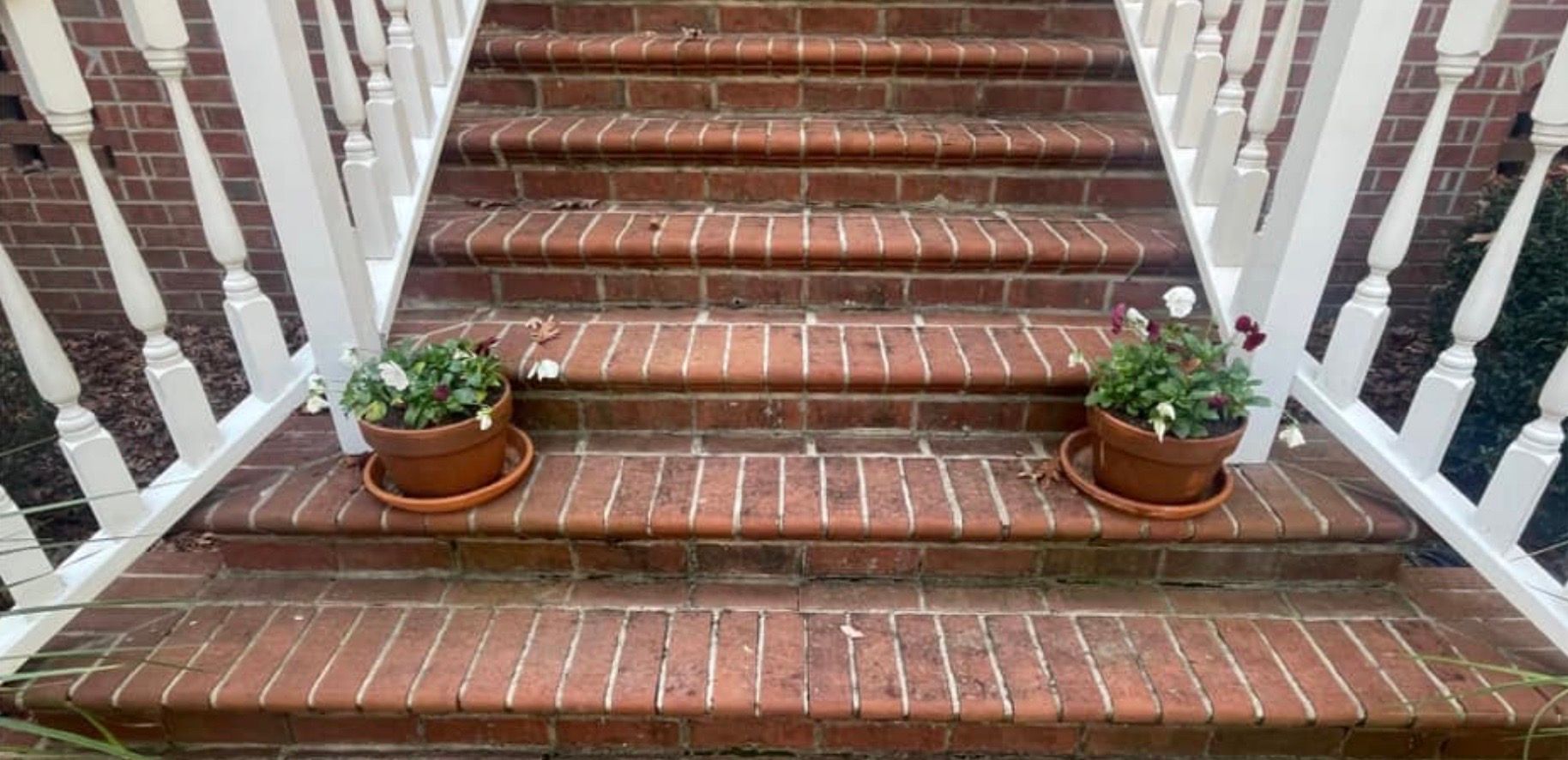 Brick stairs with white railing and two potted plants.