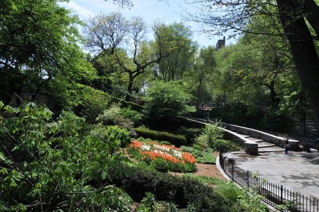 A path in a park with flowers and trees