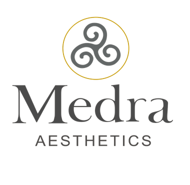 Logo for Medra Aesthetics: gray triskele symbol in gold circle above the name 