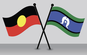 Crossed Aboriginal and Torres Strait Islander flags on a gray background
