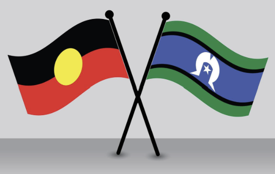 Crossed Aboriginal and Torres Strait Islander flags on a gray background