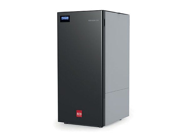 Batteria domestica rettangolare nera e grigia con display digitale e logo rosso su sfondo bianco.