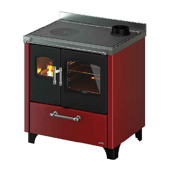 Stufa a legna rossa con piano cottura e forno. Fiamme visibili.