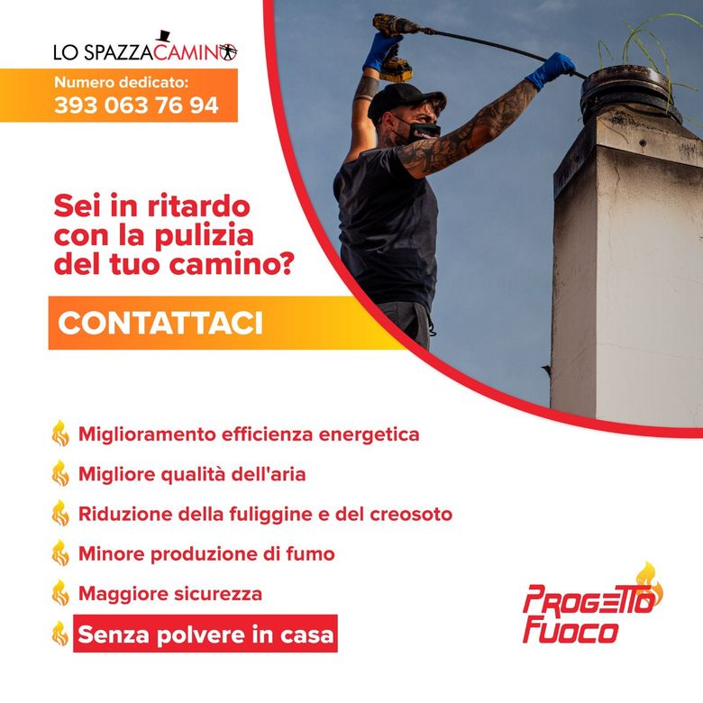 Spazzacamino che pulisce un camino. Il testo dell'annuncio recita 