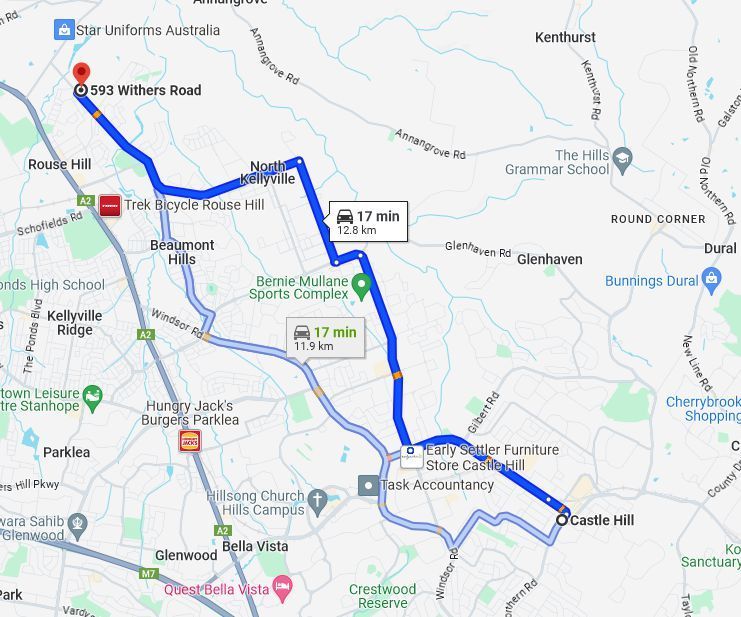 driving directions of a map showing the route of a journey, Castle Hill to Rouse Hill.