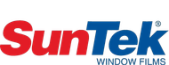 a red and blue logo for suntek window films
