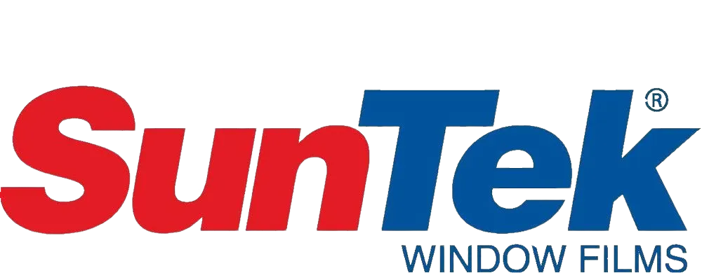 a red and blue logo for suntek window films