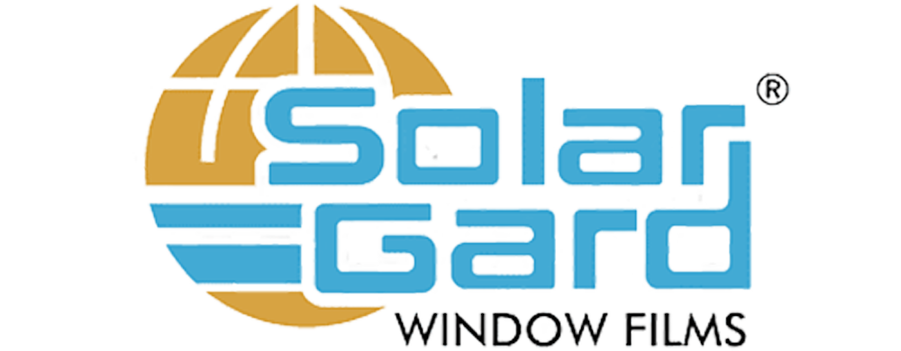 the solar gard window films logo is blue and yellow