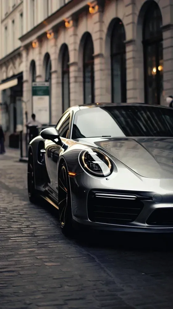 silver Porsche 911 Turbo is parked on a cobblestone street in front of a building after receiving Ceramic Coating & PPF.