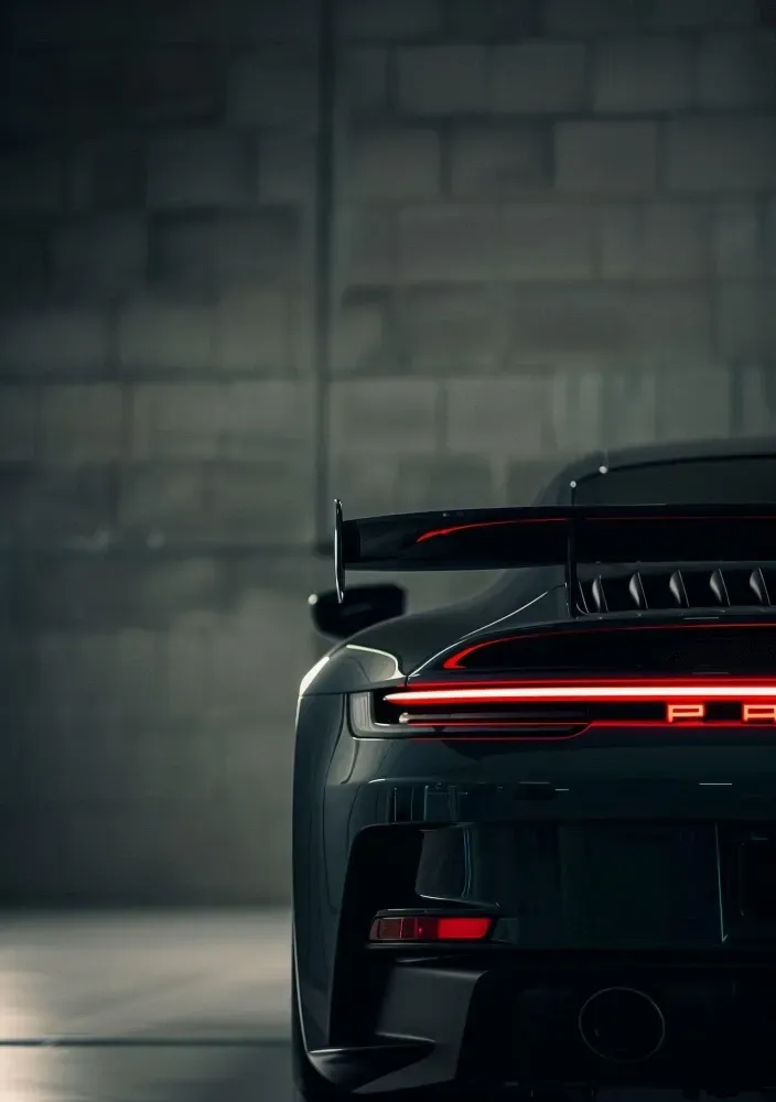 The back of a Porsche 911 Turbo S is parked in a dark garage near Pennant Hills after a ceramic coating application.