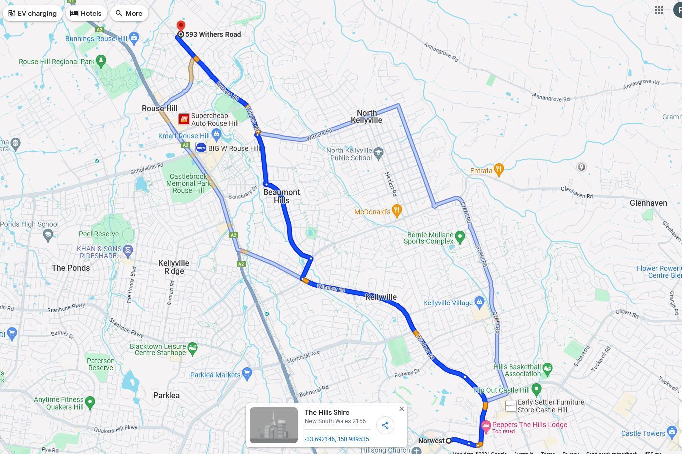 driving directions of a map showing the route of a journey, Norwest to Rouse Hill.