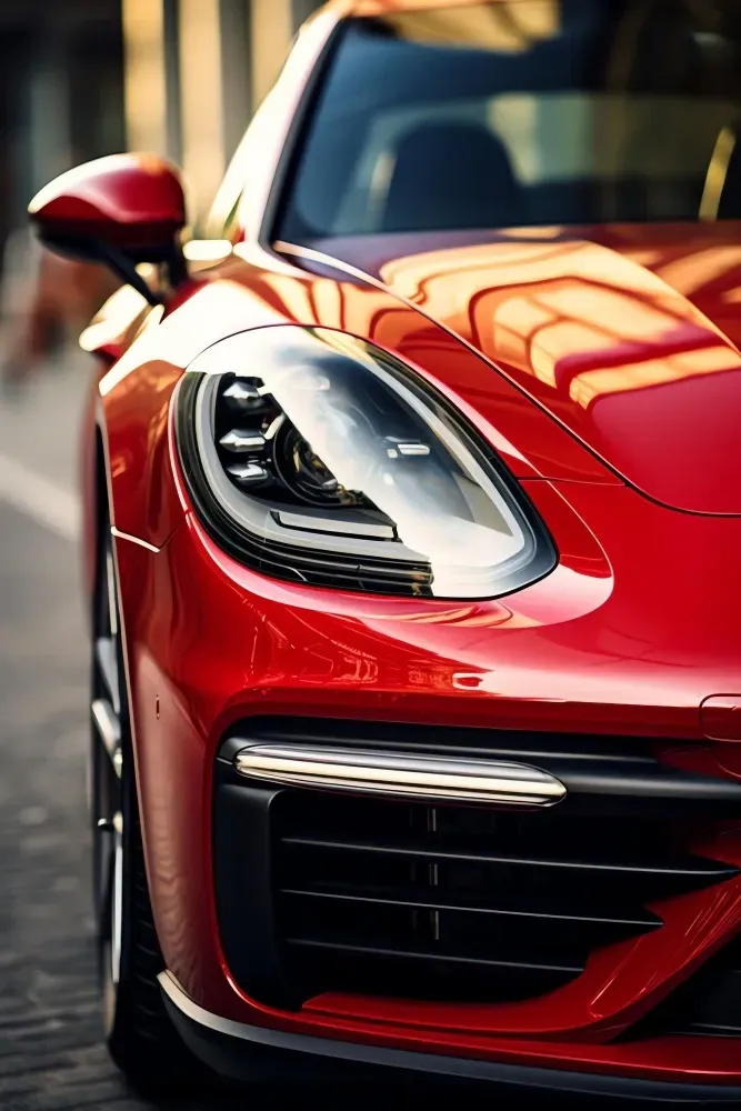 A close up of the front of a red sports car