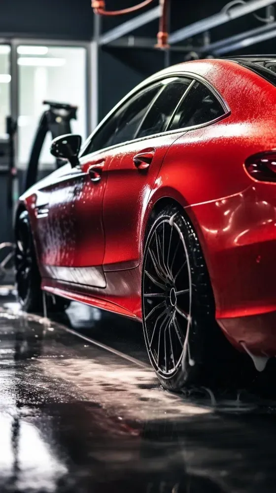 A red car is sitting on the ground in a garage.