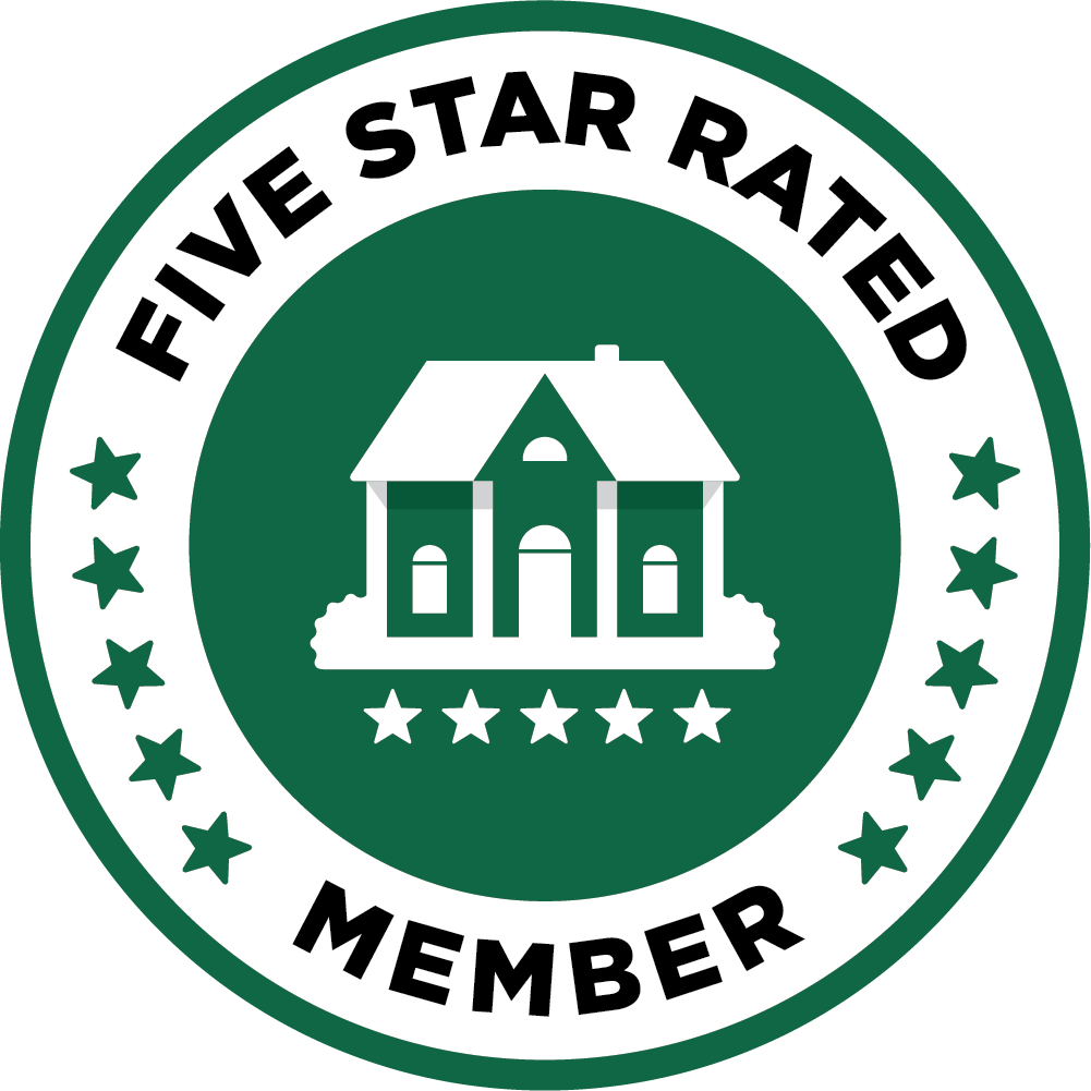 Green circular “Five Star Rated Member” badge with a white house and stars in the center