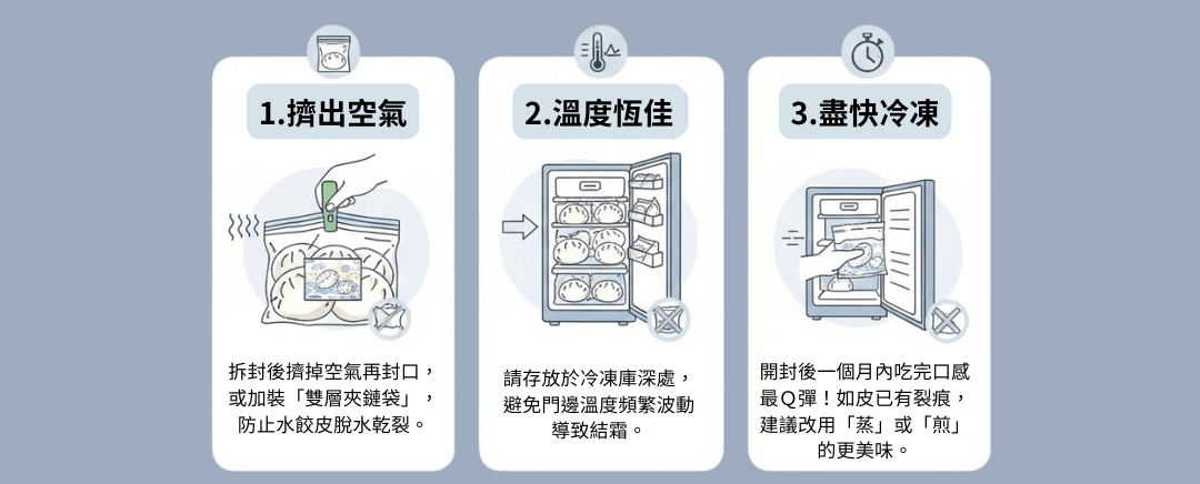 圖示說明三步驟流程:去除空氣、在室溫下儲存和快速冷卻。