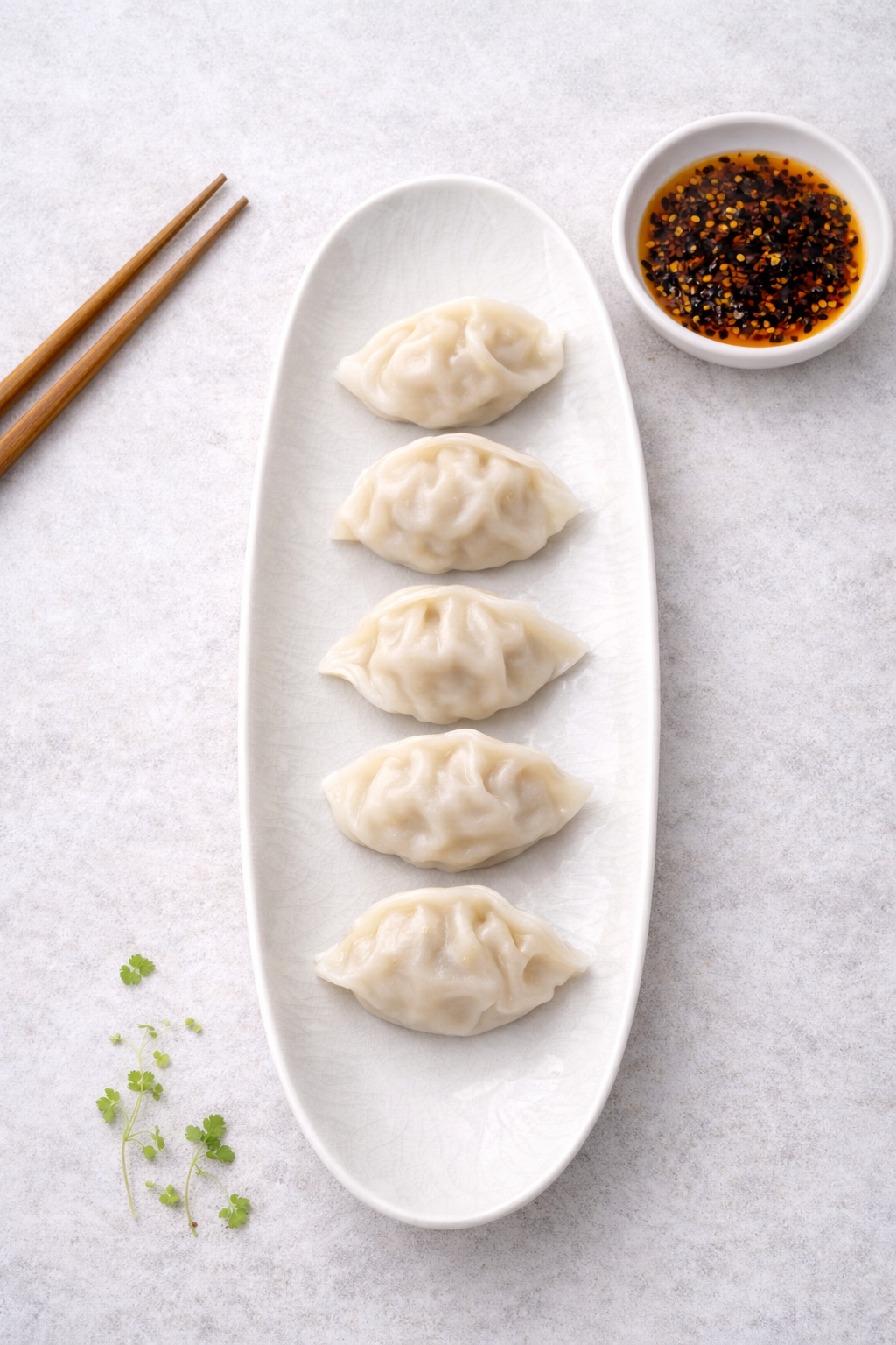 白色橢圓形盤子上擺放著白色的餃子,並附有蘸醬和筷子。