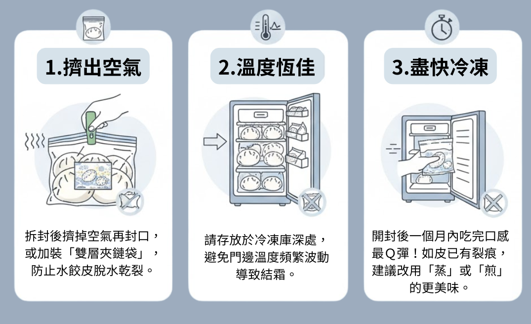 食物保存步驟:去除空氣、保持濕度、快速冷凍。